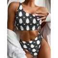 Cute White And Grey Owl Pattern Print One Shoulder Bikini Set