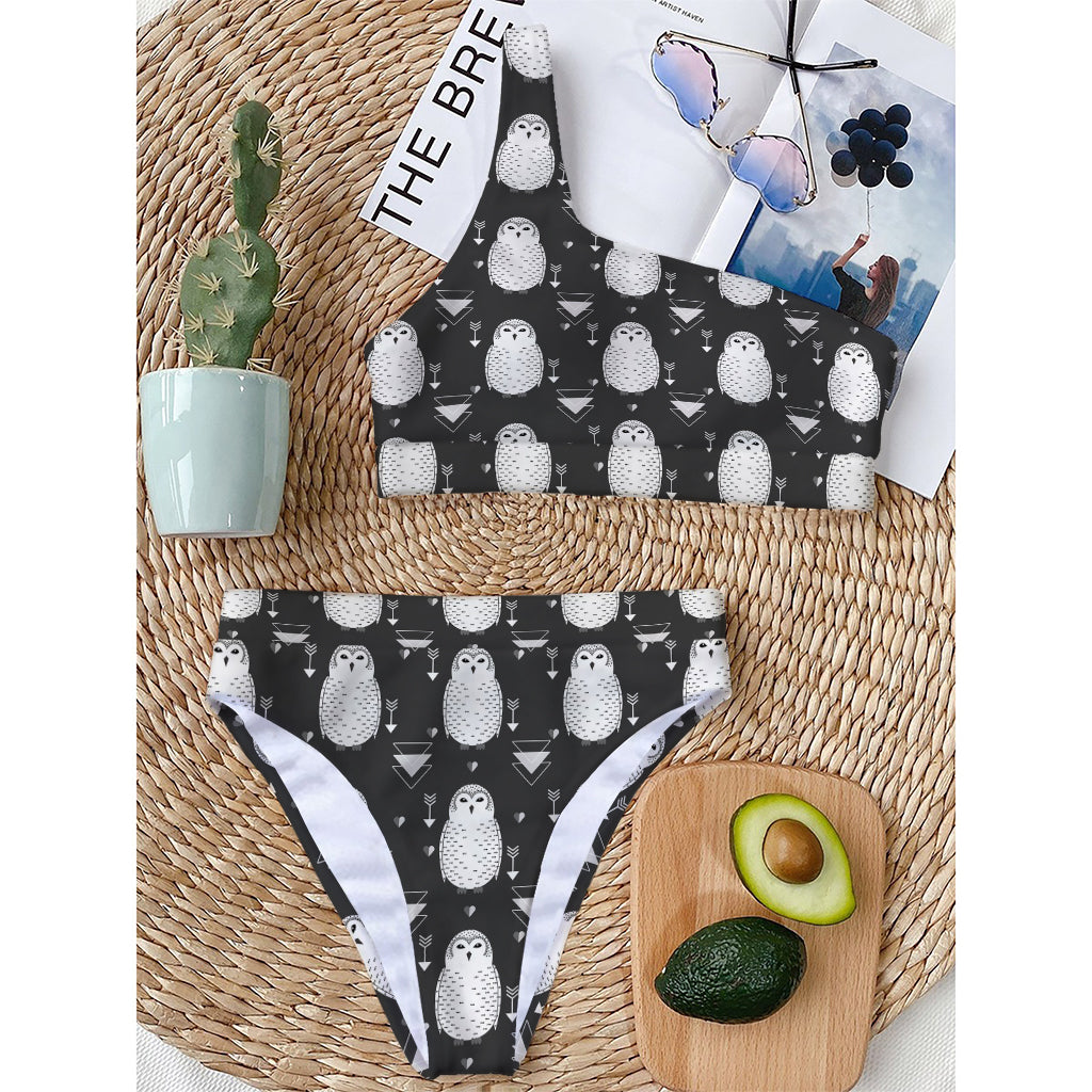 Cute White And Grey Owl Pattern Print One Shoulder Bikini Top