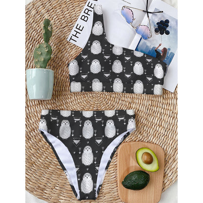 Cute White And Grey Owl Pattern Print One Shoulder Bikini Top