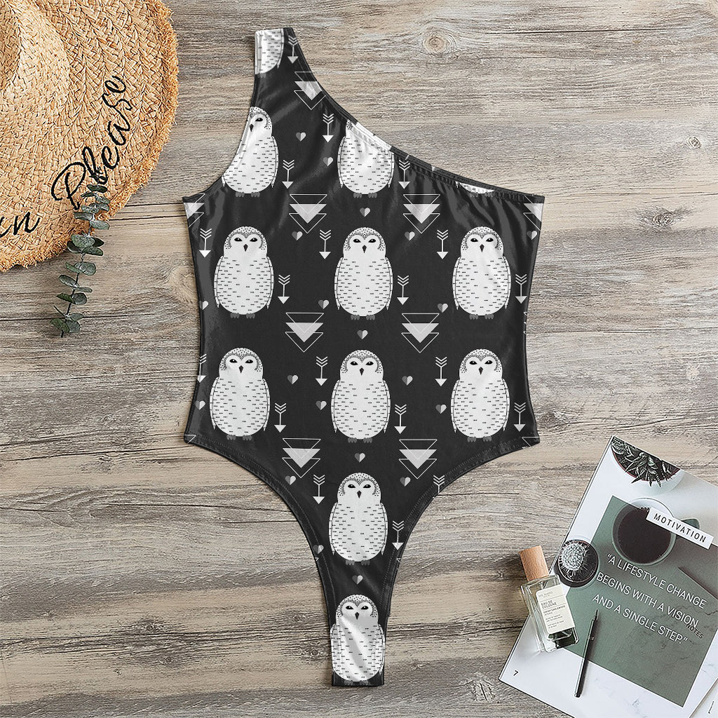 Cute White And Grey Owl Pattern Print One Shoulder Bodysuit