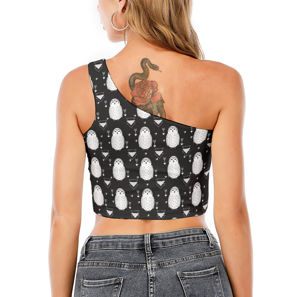 Cute White And Grey Owl Pattern Print One Shoulder Crop Top
