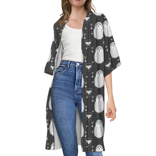 Cute White And Grey Owl Pattern Print Open Front Beach Cover Up