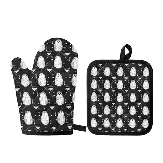 Cute White And Grey Owl Pattern Print Oven Mitt And Pot Holder Set