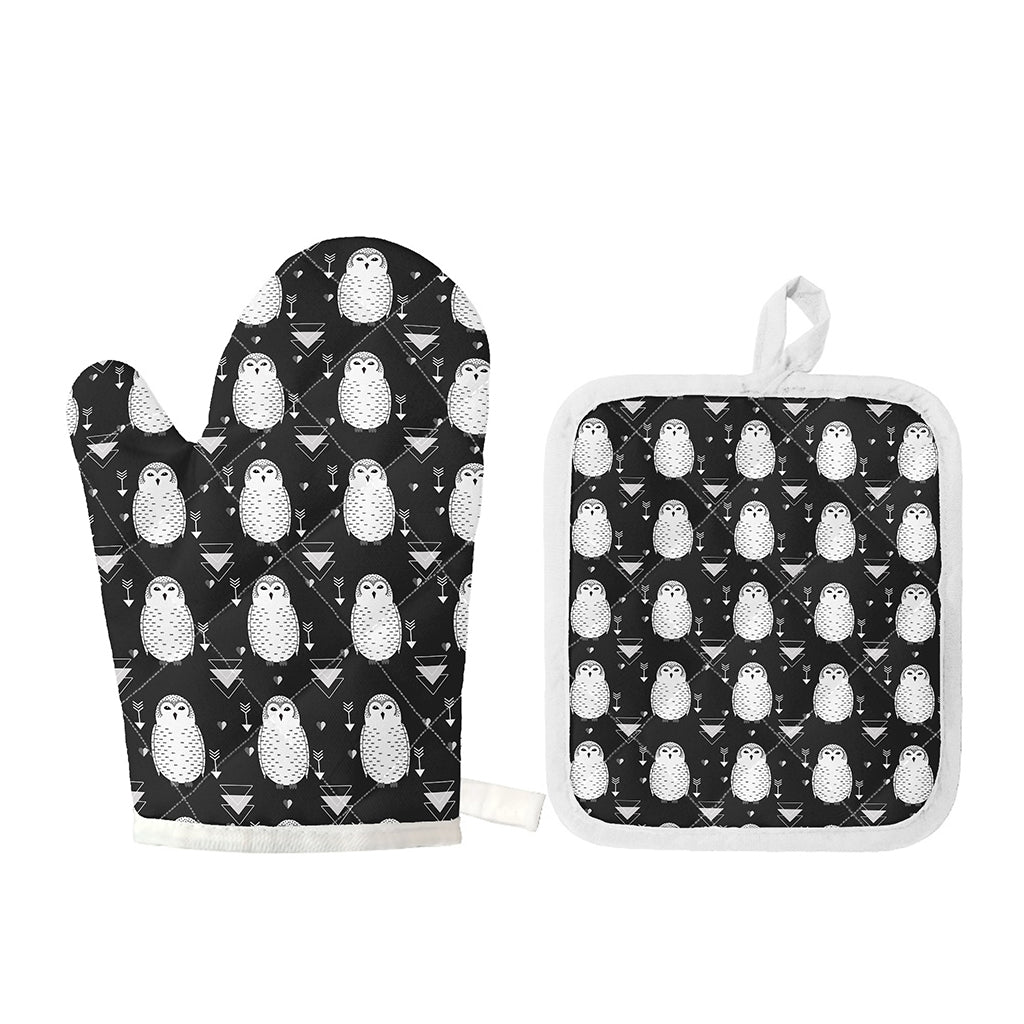 Cute White And Grey Owl Pattern Print Oven Mitt And Pot Holder Set