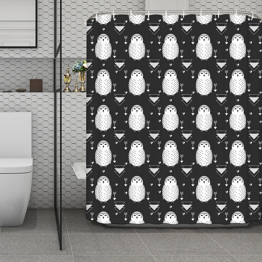 Cute White And Grey Owl Pattern Print Polyester Shower Curtain