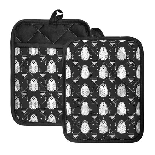 Cute White And Grey Owl Pattern Print Pot Holders With Pocket