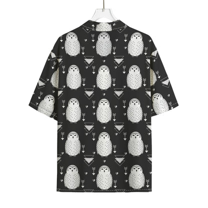 Cute White And Grey Owl Pattern Print Rayon Hawaiian Shirt