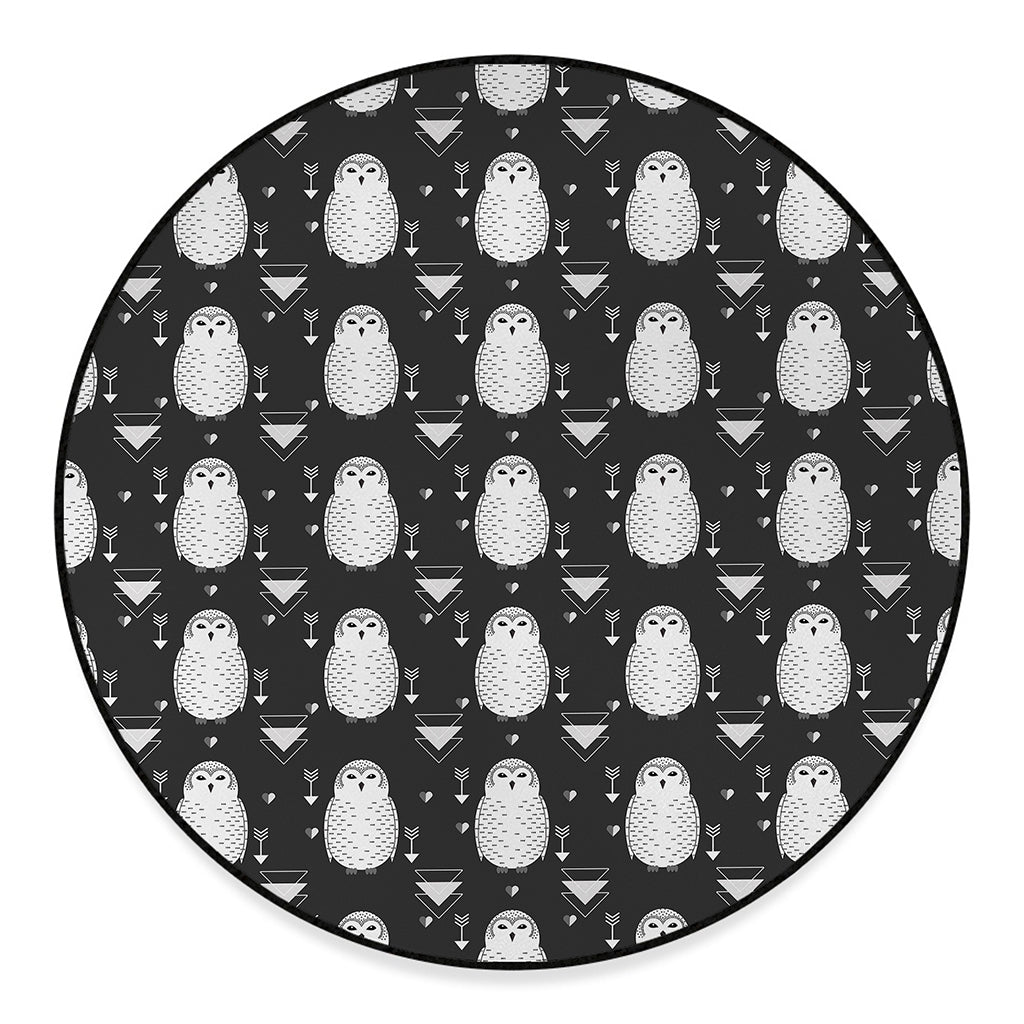 Cute White And Grey Owl Pattern Print Round Floor Mat