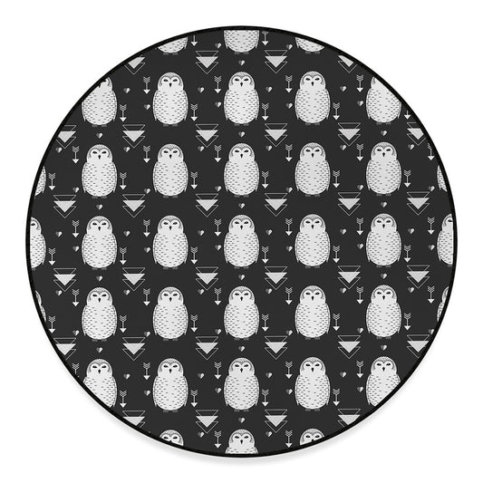 Cute White And Grey Owl Pattern Print Round Floor Mat