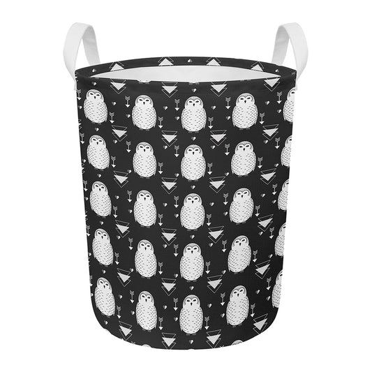 Cute White And Grey Owl Pattern Print Round Laundry Basket
