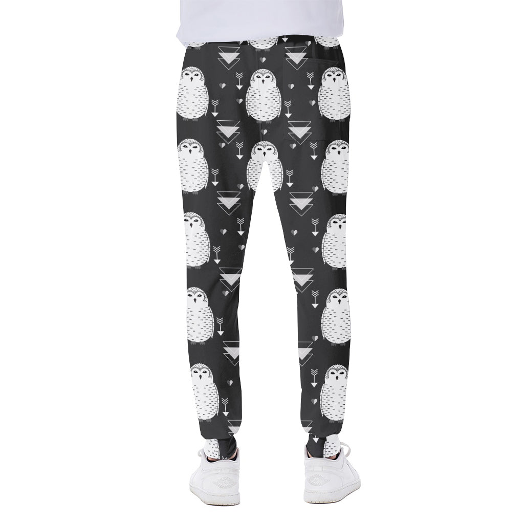Cute White And Grey Owl Pattern Print Scuba Joggers