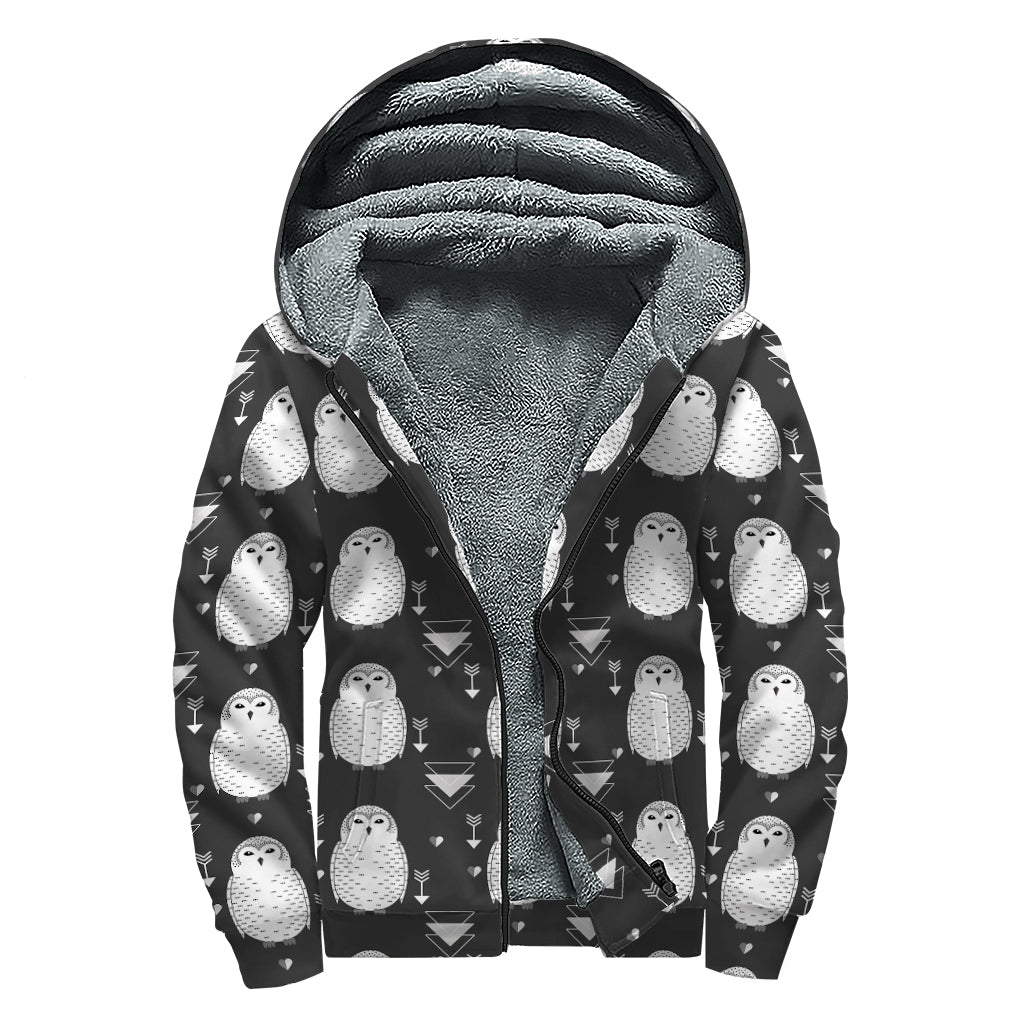 Cute White And Grey Owl Pattern Print Sherpa Lined Zip Up Hoodie