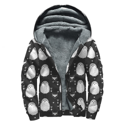 Cute White And Grey Owl Pattern Print Sherpa Lined Zip Up Hoodie