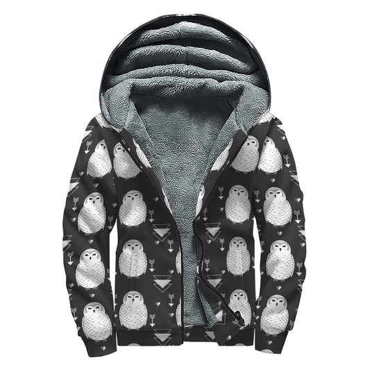 Cute White And Grey Owl Pattern Print Sherpa Lined Zip Up Hoodie