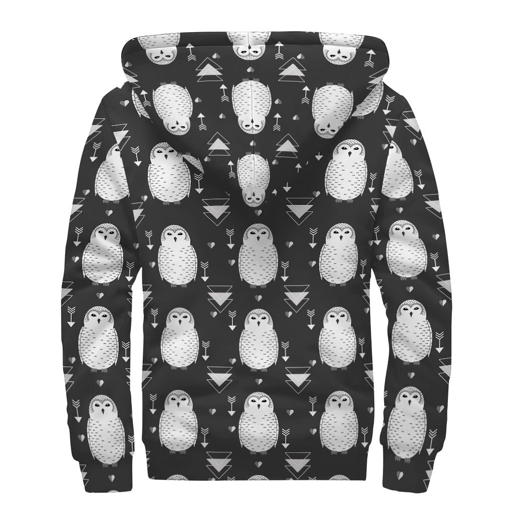 Cute White And Grey Owl Pattern Print Sherpa Lined Zip Up Hoodie