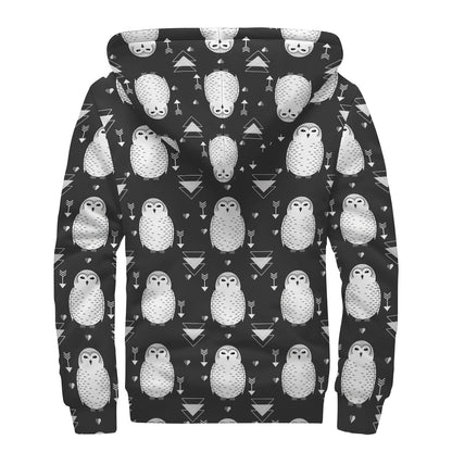 Cute White And Grey Owl Pattern Print Sherpa Lined Zip Up Hoodie