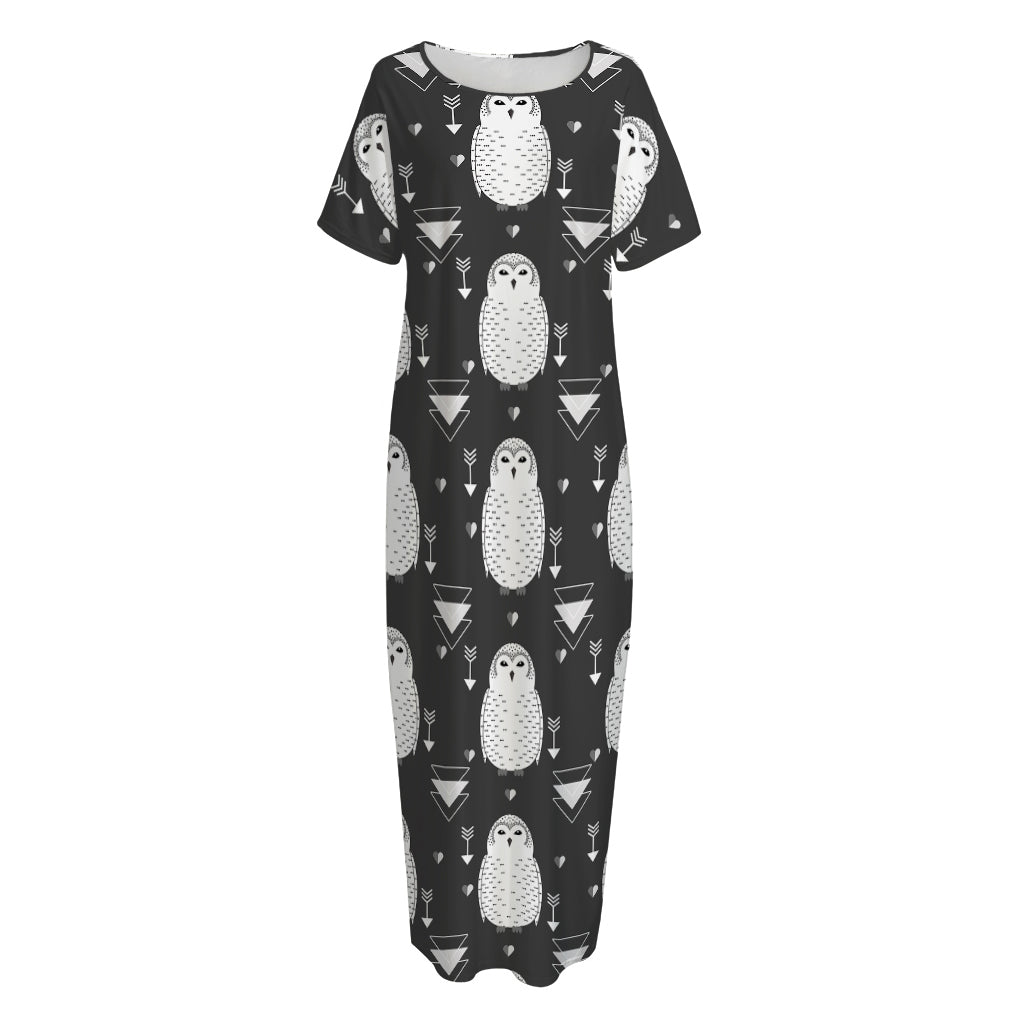 Cute White And Grey Owl Pattern Print Short Sleeve Long Nightdress