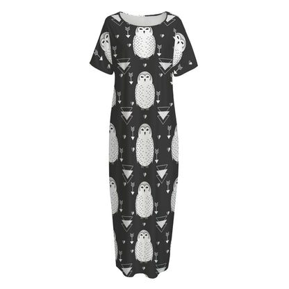 Cute White And Grey Owl Pattern Print Short Sleeve Long Nightdress