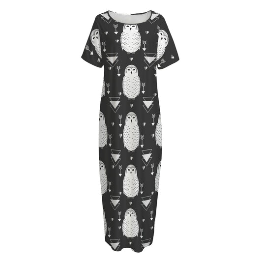 Cute White And Grey Owl Pattern Print Short Sleeve Long Nightdress