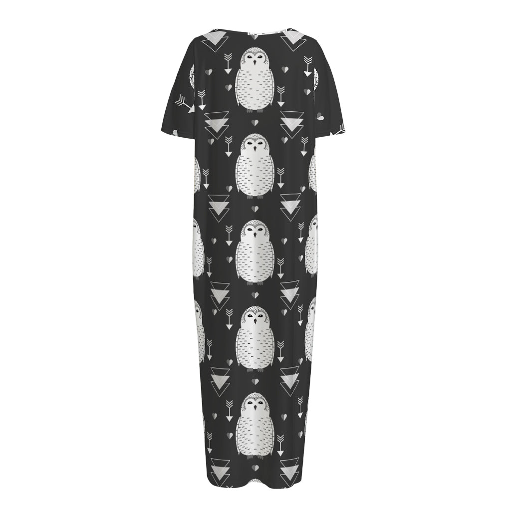 Cute White And Grey Owl Pattern Print Short Sleeve Long Nightdress