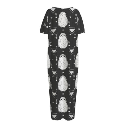 Cute White And Grey Owl Pattern Print Short Sleeve Long Nightdress