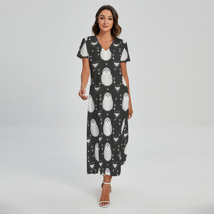 Cute White And Grey Owl Pattern Print Short Sleeve Maxi Dress