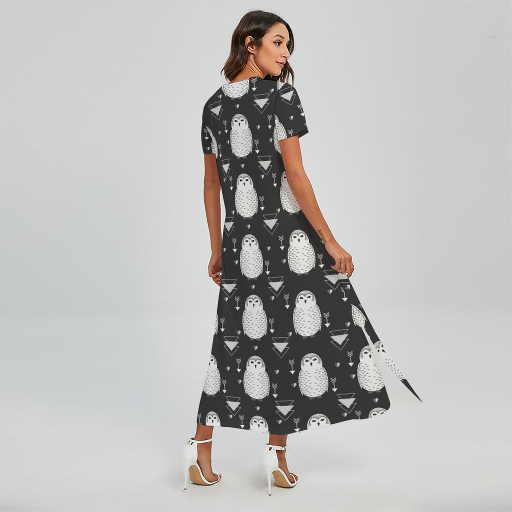 Cute White And Grey Owl Pattern Print Short Sleeve Maxi Dress