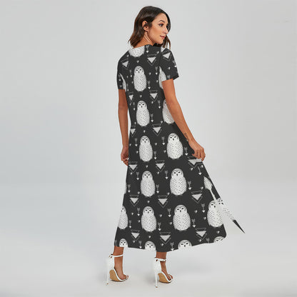 Cute White And Grey Owl Pattern Print Short Sleeve Maxi Dress
