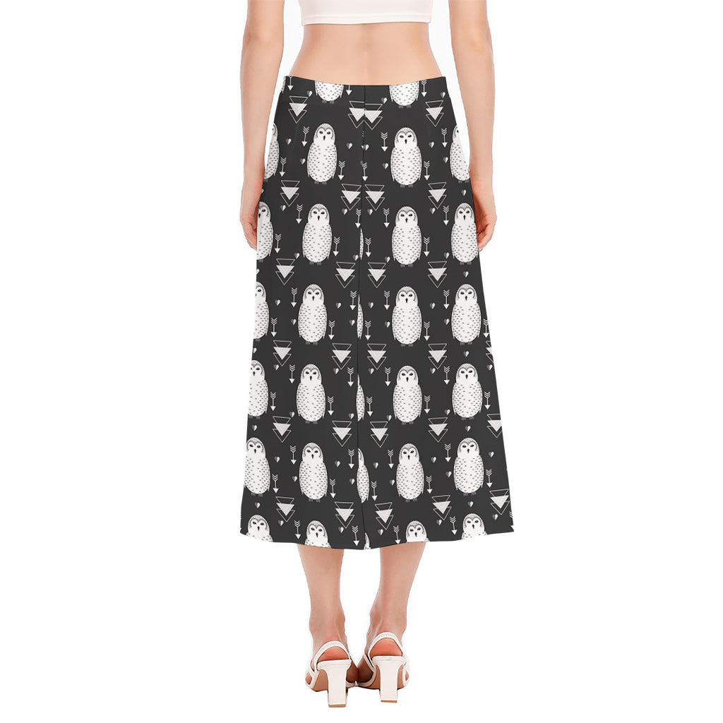 Cute White And Grey Owl Pattern Print Side Slit Midi Skirt