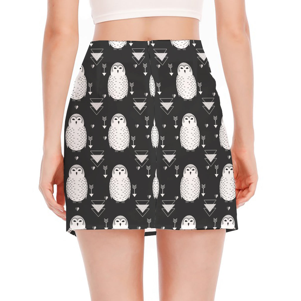 Cute White And Grey Owl Pattern Print Side Slit Mini Skirt
