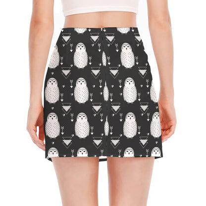 Cute White And Grey Owl Pattern Print Side Slit Mini Skirt
