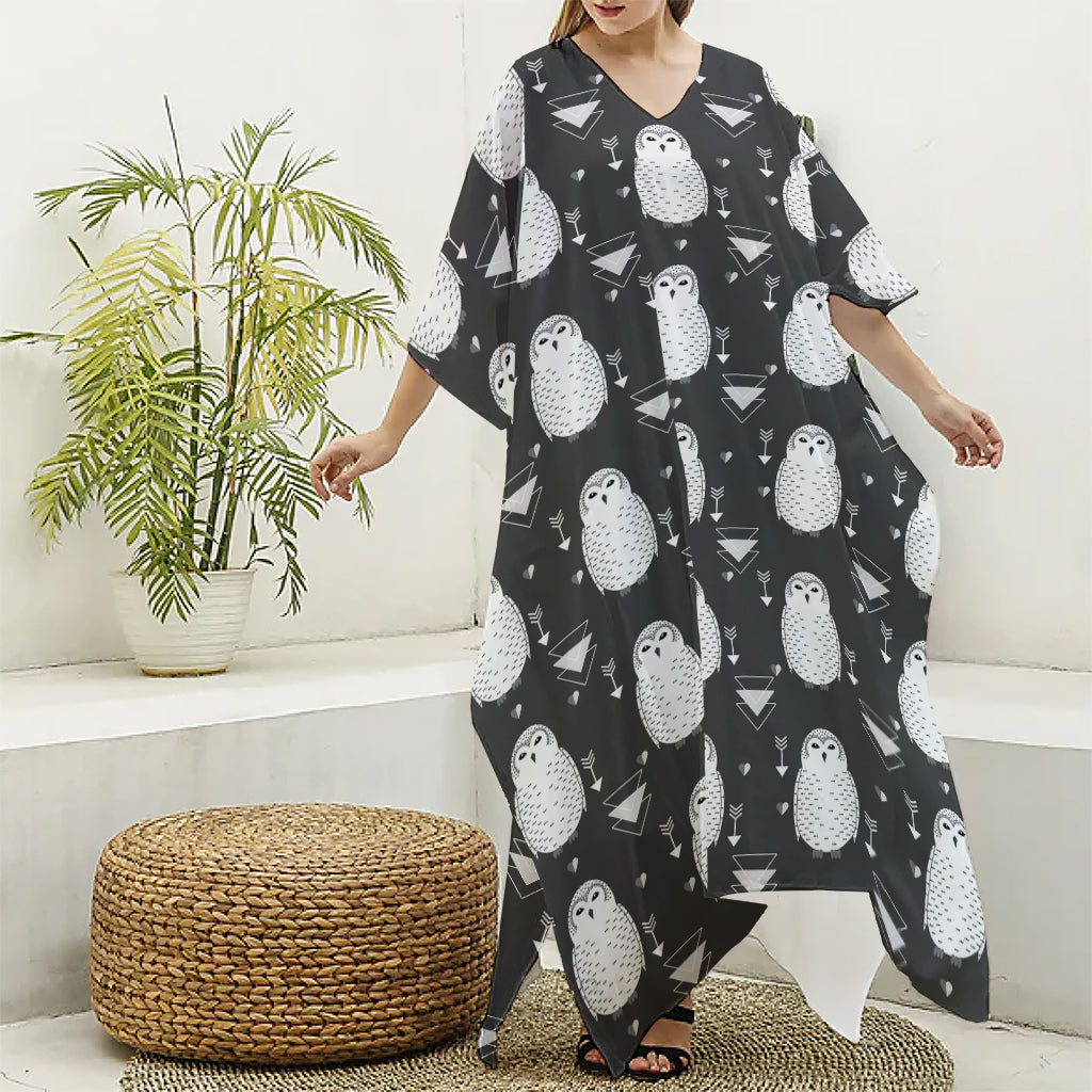 Cute White And Grey Owl Pattern Print Silk V-Neck Kaftan Dress
