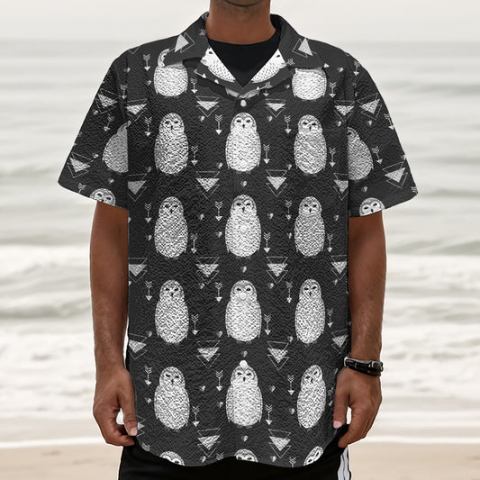 Cute White And Grey Owl Pattern Print Textured Short Sleeve Shirt