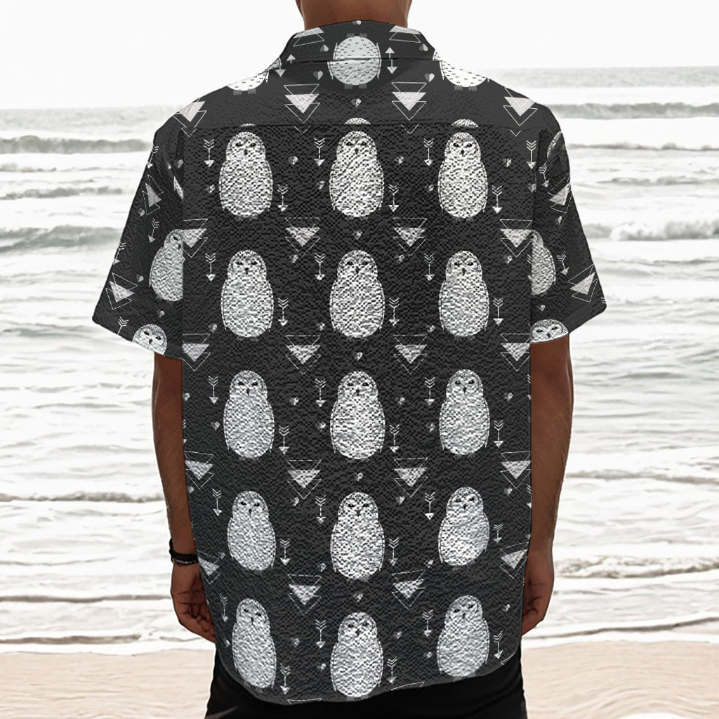 Cute White And Grey Owl Pattern Print Textured Short Sleeve Shirt