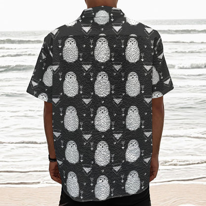 Cute White And Grey Owl Pattern Print Textured Short Sleeve Shirt