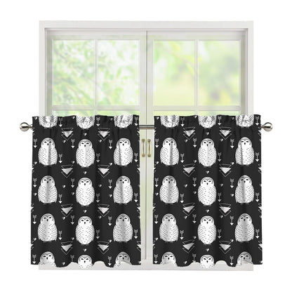 Cute White And Grey Owl Pattern Print Tier Curtains