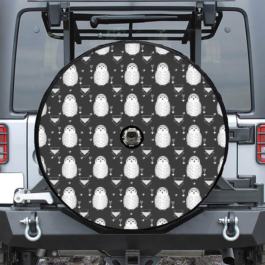 Cute White And Grey Owl Pattern Print Tire Cover With Camera Hole