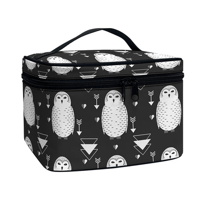 Cute White And Grey Owl Pattern Print Travel Makeup Bag