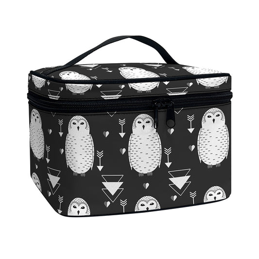Cute White And Grey Owl Pattern Print Travel Makeup Bag