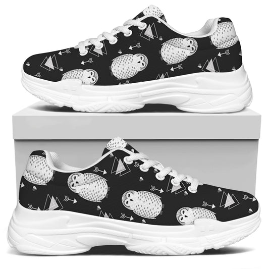 Cute White And Grey Owl Pattern Print White Chunky Shoes