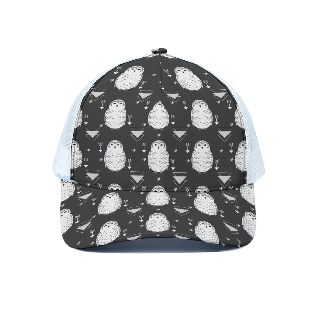 Cute White And Grey Owl Pattern Print White Mesh Trucker Cap