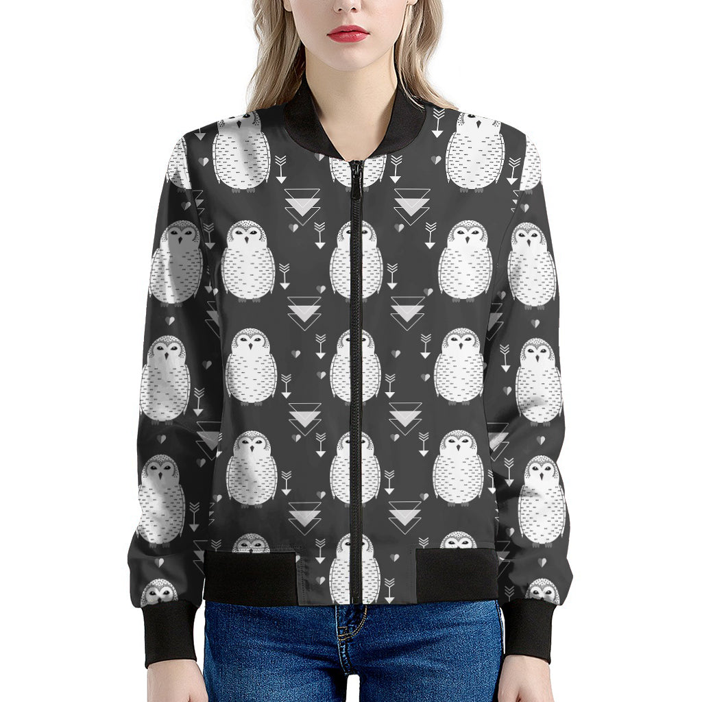 Cute White And Grey Owl Pattern Print Women's Bomber Jacket