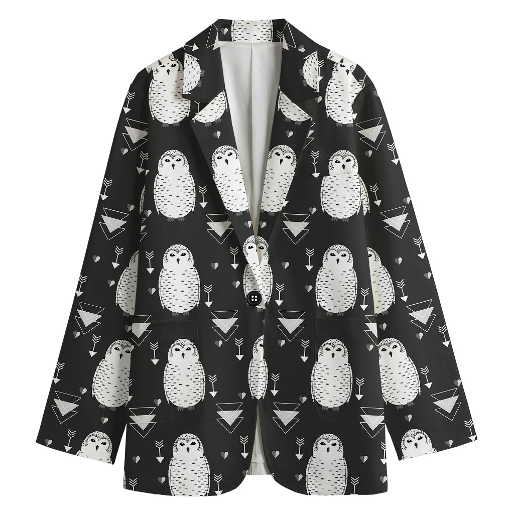 Cute White And Grey Owl Pattern Print Women's Cotton Blazer
