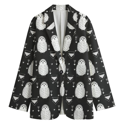 Cute White And Grey Owl Pattern Print Women's Cotton Blazer