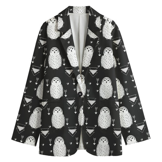 Cute White And Grey Owl Pattern Print Women's Cotton Blazer