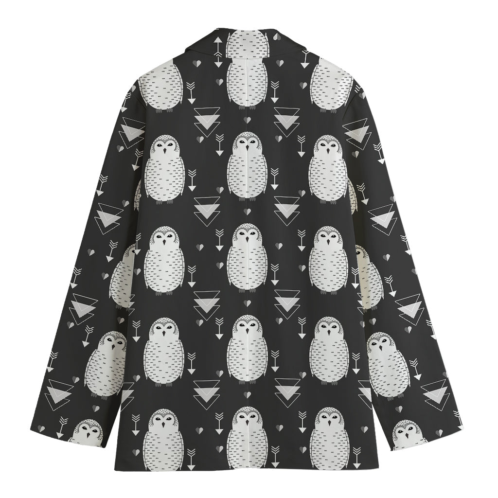 Cute White And Grey Owl Pattern Print Women's Cotton Blazer