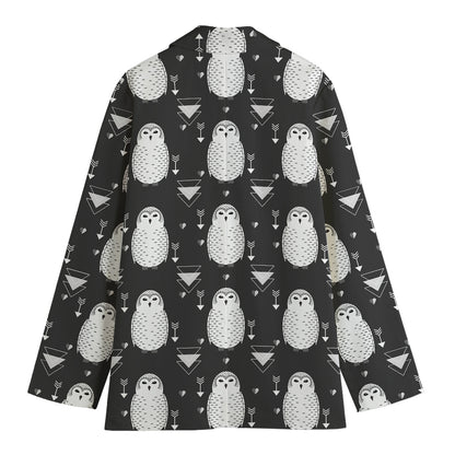 Cute White And Grey Owl Pattern Print Women's Cotton Blazer