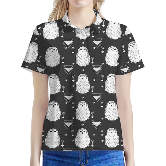 Cute White And Grey Owl Pattern Print Women's Polo Shirt