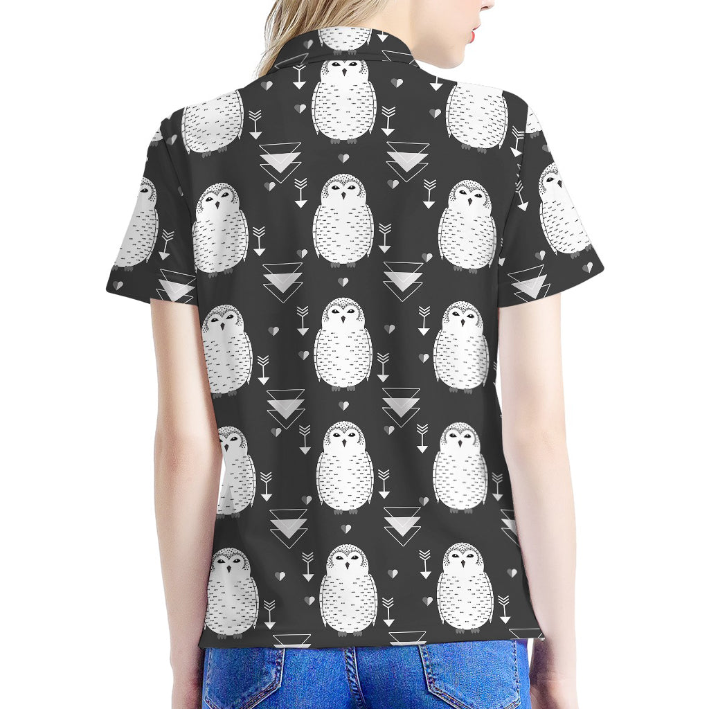 Cute White And Grey Owl Pattern Print Women's Polo Shirt