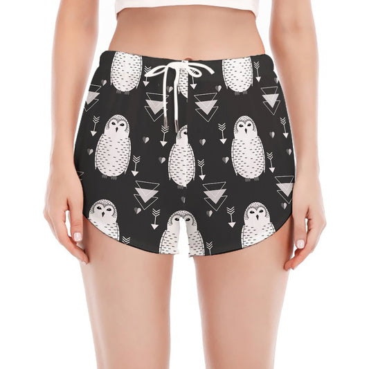 Cute White And Grey Owl Pattern Print Women's Split Running Shorts
